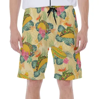 Floral Hibiscus Taco Yellow Hawaiian Swim Trunks For Men