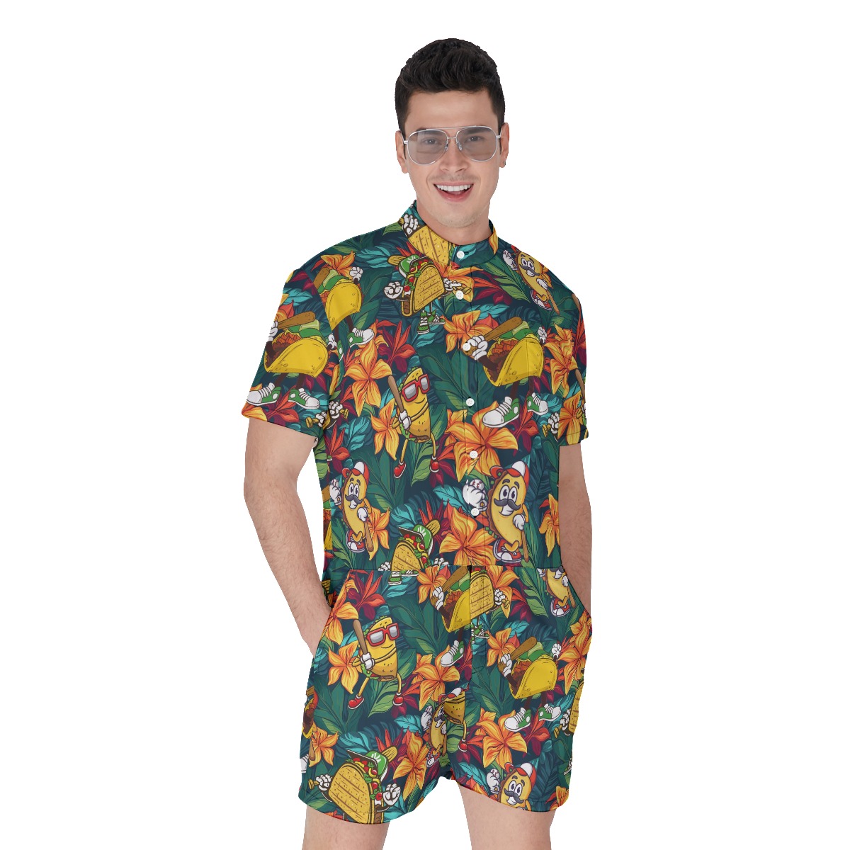 Funny Taco Baseball Floral Men's Hawaiian Romper - variant image 1