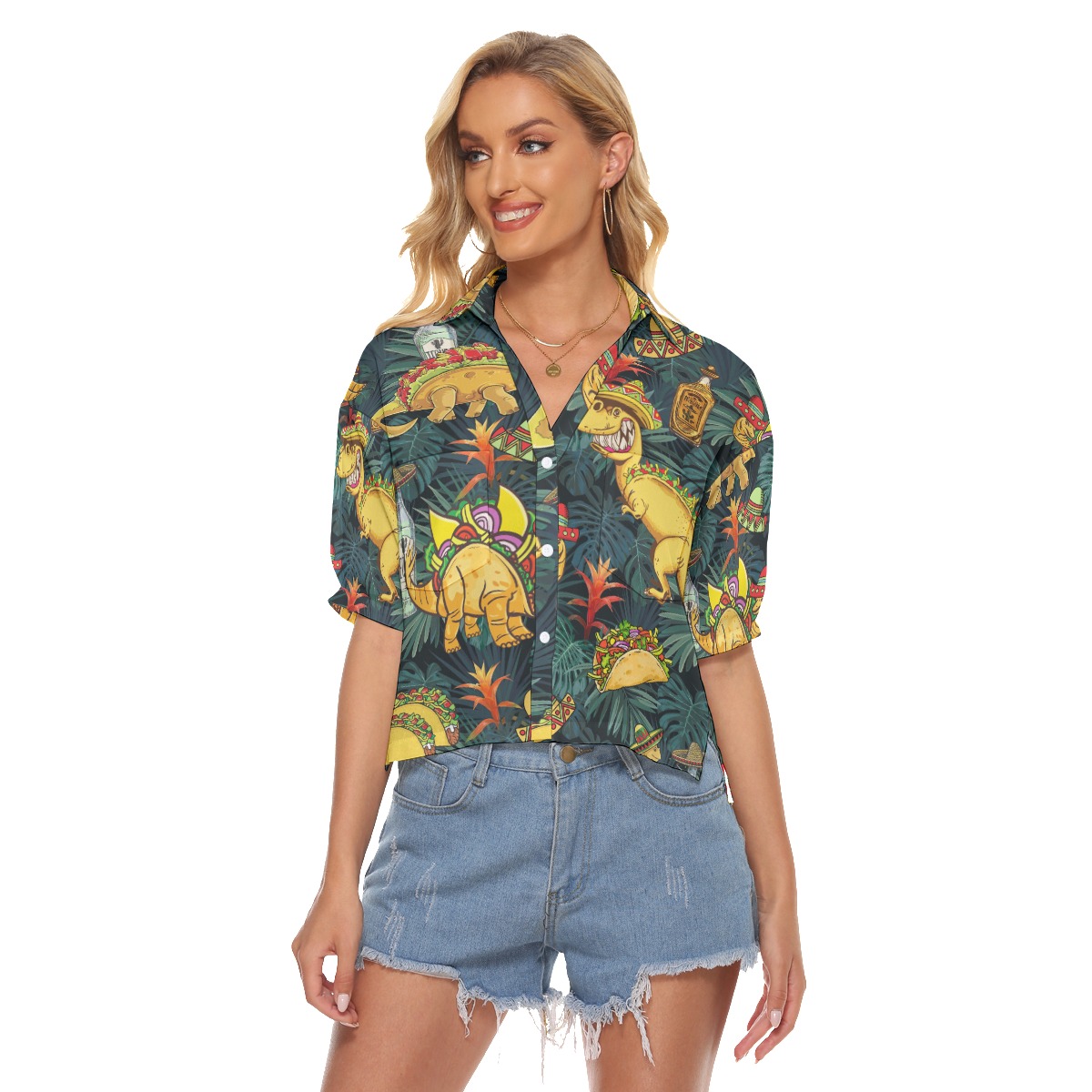 Funny Taco Dinosaur Tropical Aloha Crop Top Shirt For Women - variant image 1