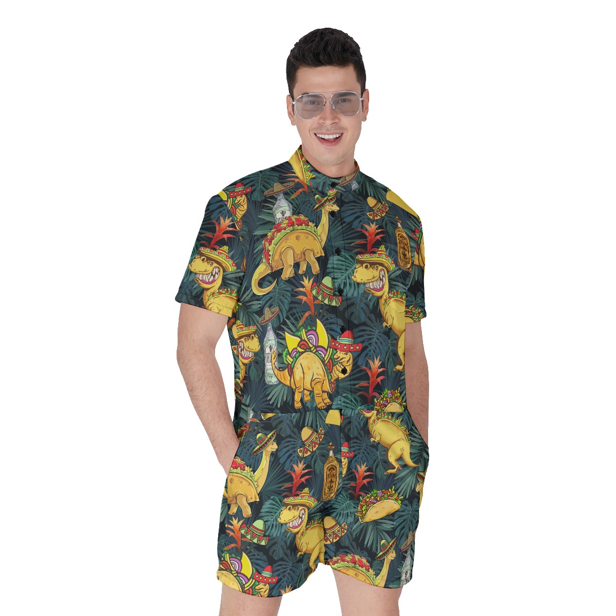 Tropical Tacosaurus Men's Hawaiian Romper - variant image 1