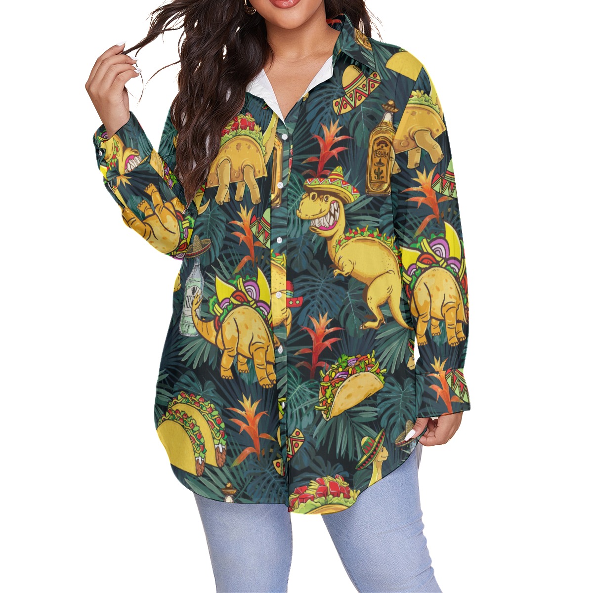 Tropical Dinosaur Taco Hawaiian Blouse Shirt For Women - variant image 1