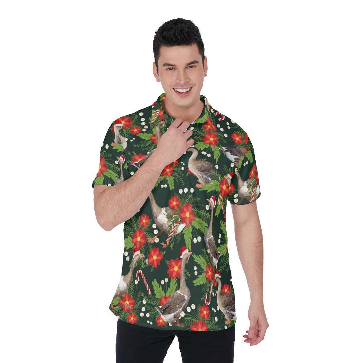 Funny Christmas Goose Floral Hawaiian Polo Shirt For Men - variant image 1