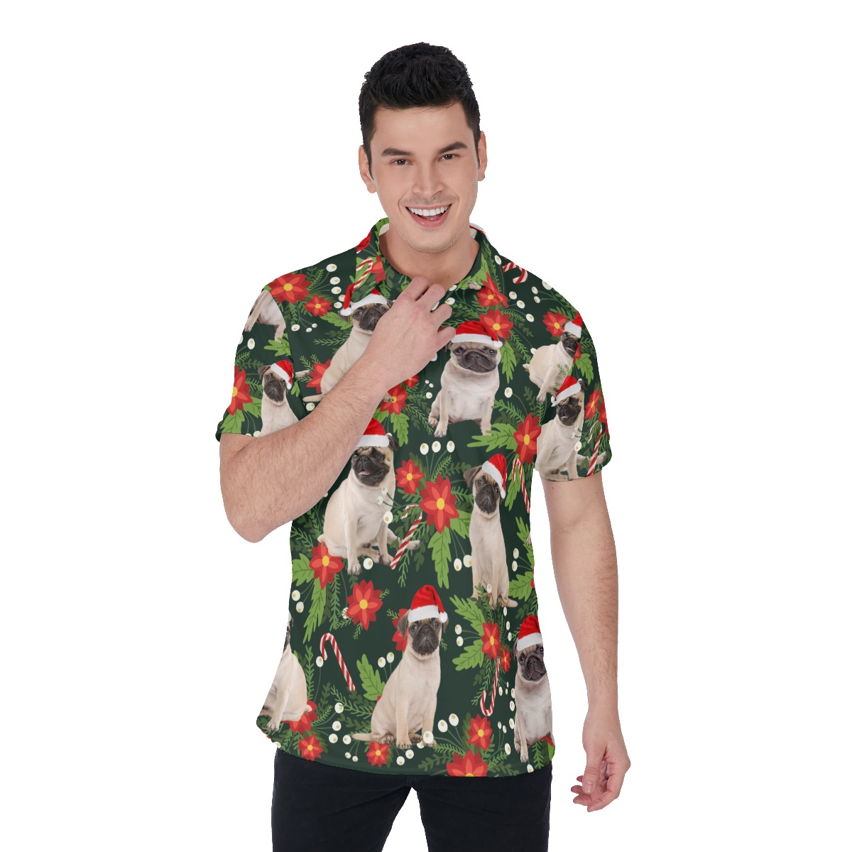 Funny Pug With Christmas Hat Floral Hawaiian Polo Shirt - variant image 1