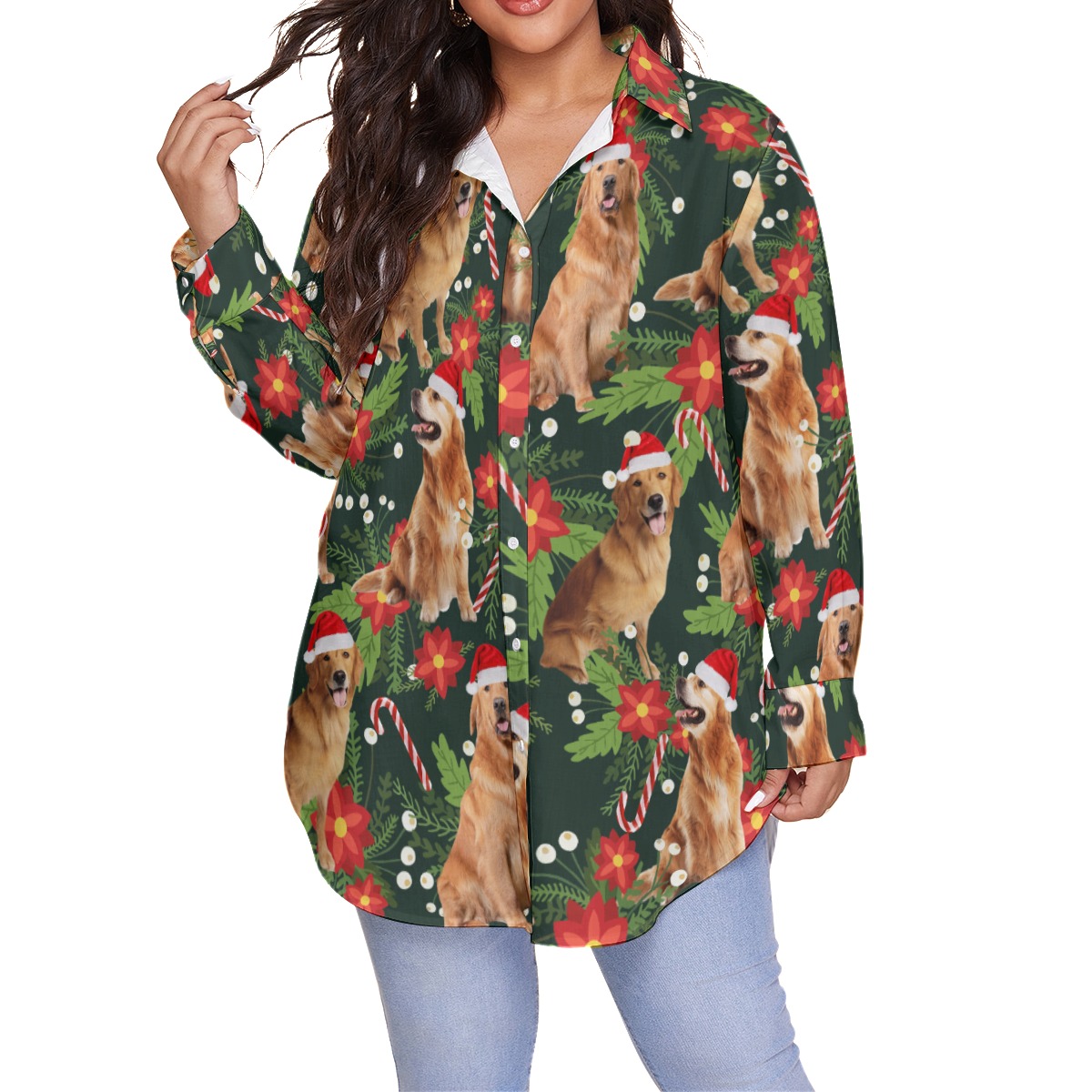 Funny Dog With Christmas Hat Plus Size Hawaiian Shirt For Women - variant image 1