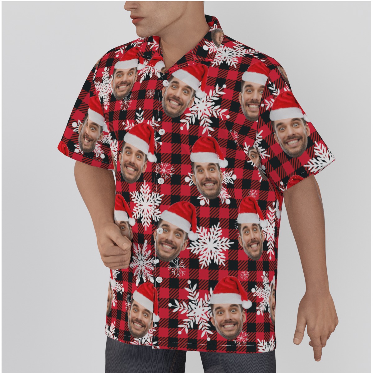 Festive Custom Face Christmas Hawaiian Shirt Christmas Hat Buffalo Plaid