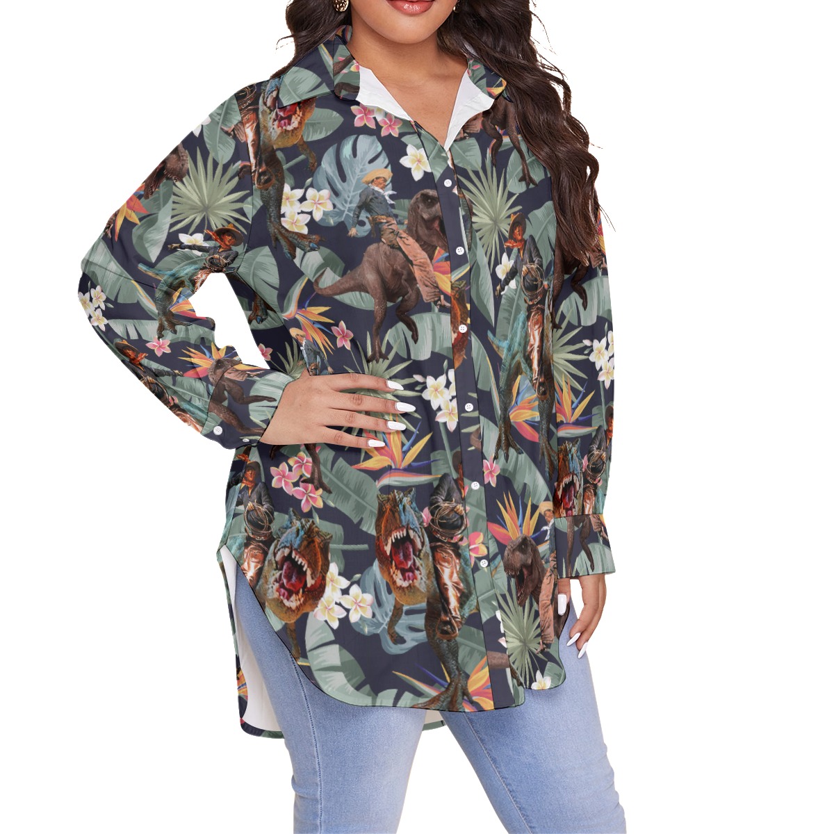 Funny Dinosaur With Cowboy Hawaiian Plus Size Shirt For Women
