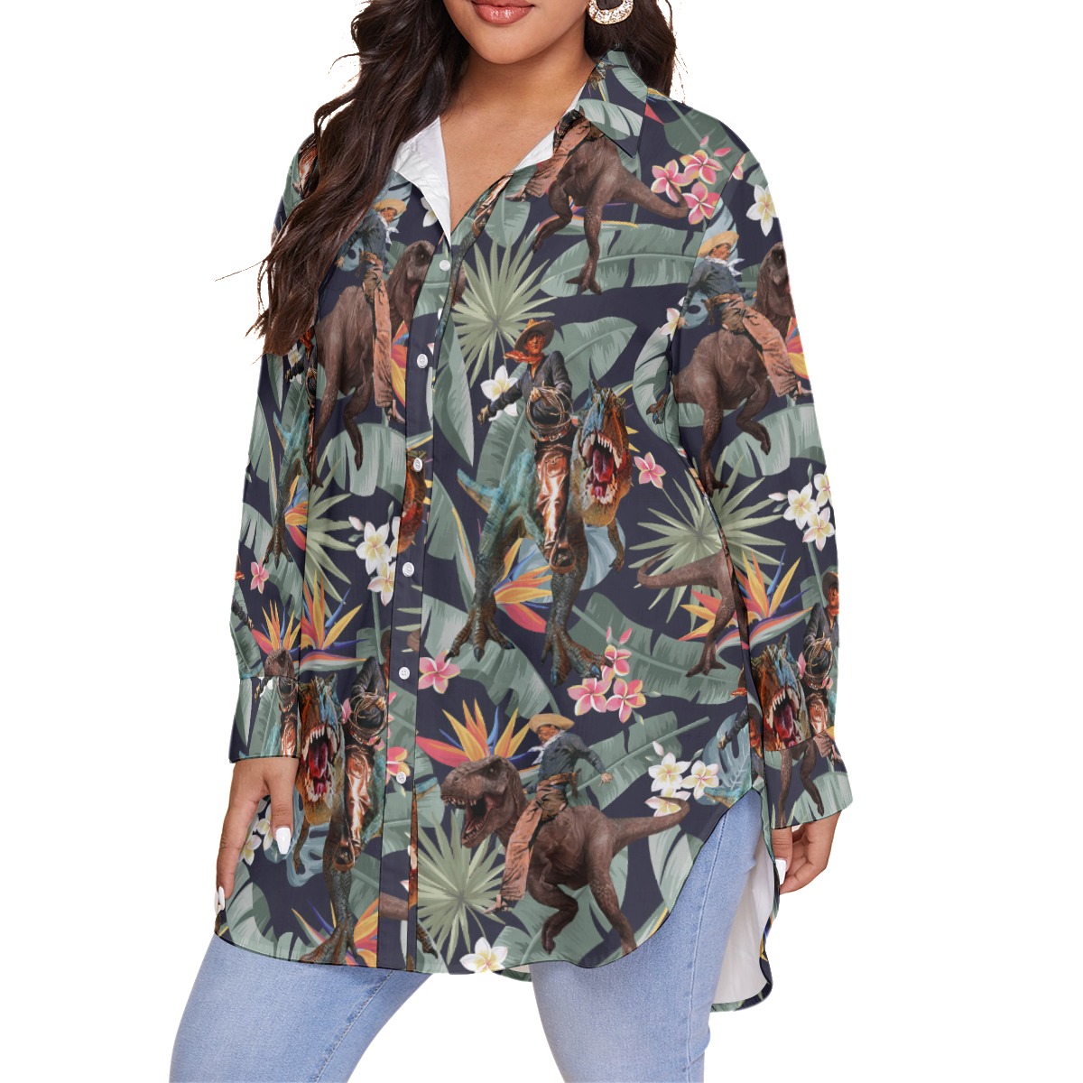 Funny Dinosaur With Cowboy Hawaiian Plus Size Shirt For Women