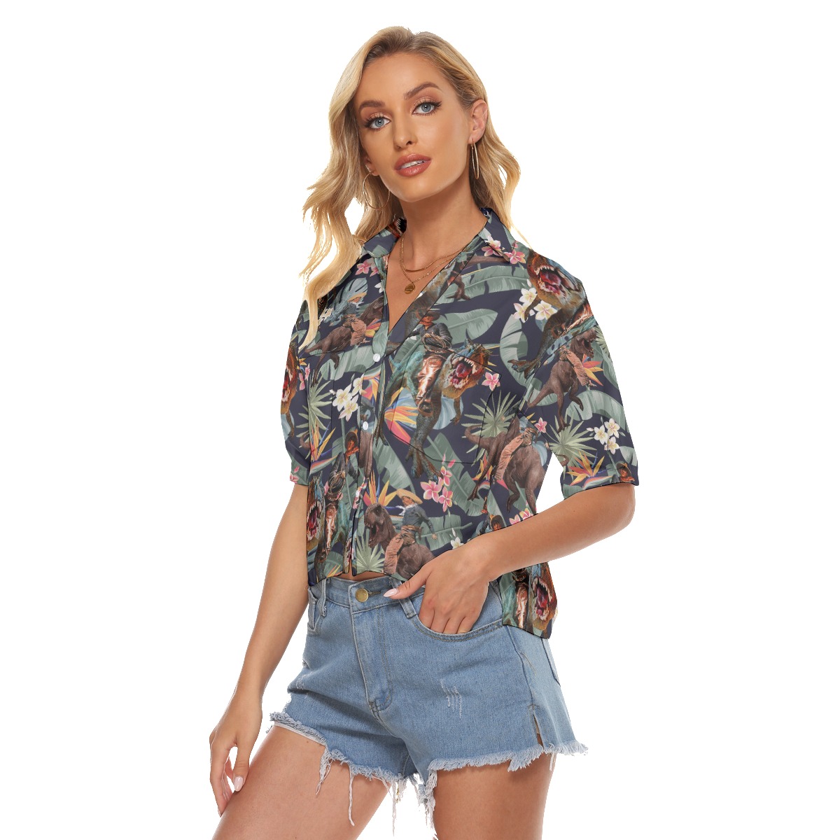 Tropical Cowboy Dinosaur Hawaiian Crop Top Shirt For Women