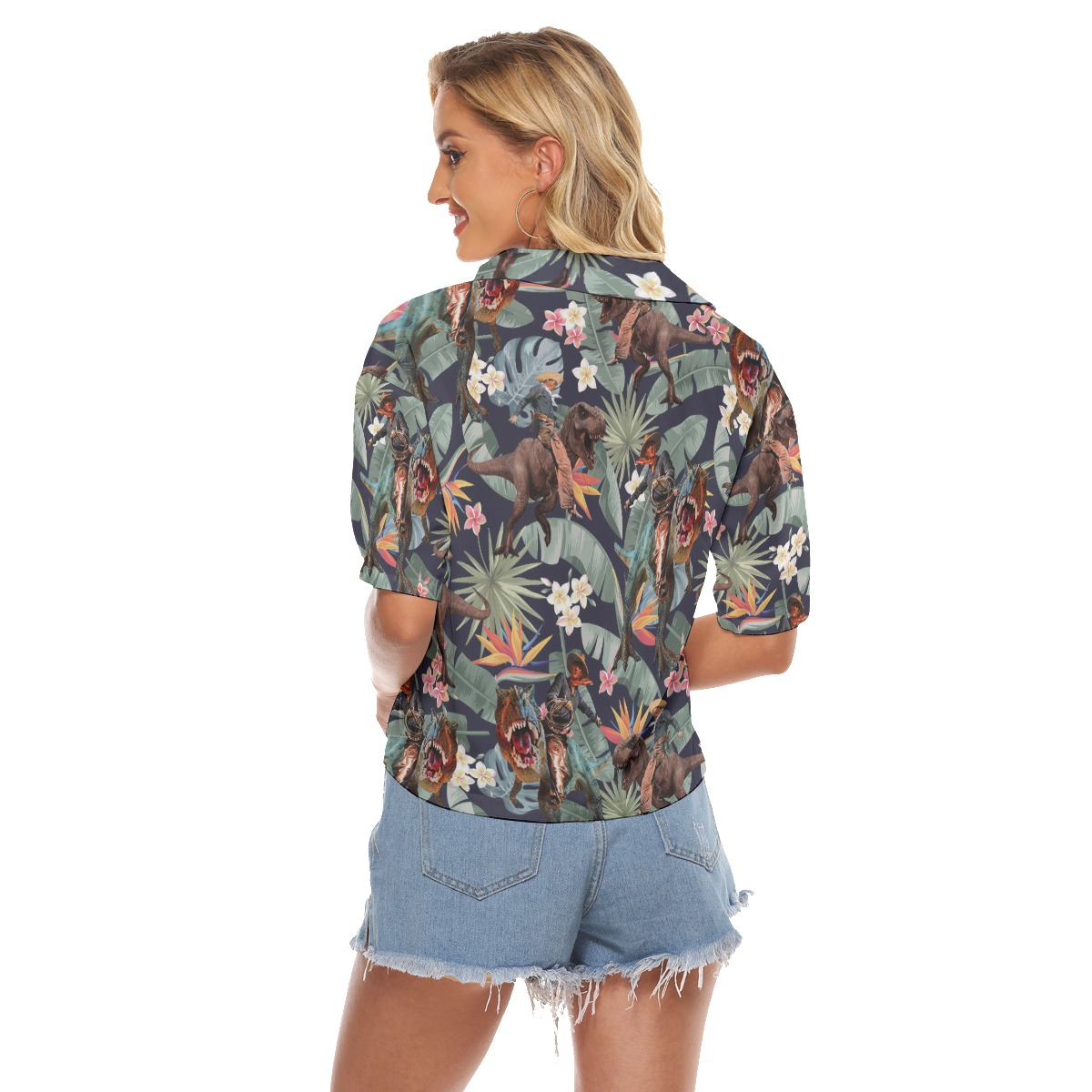 Tropical Cowboy Dinosaur Hawaiian Crop Top Shirt For Women