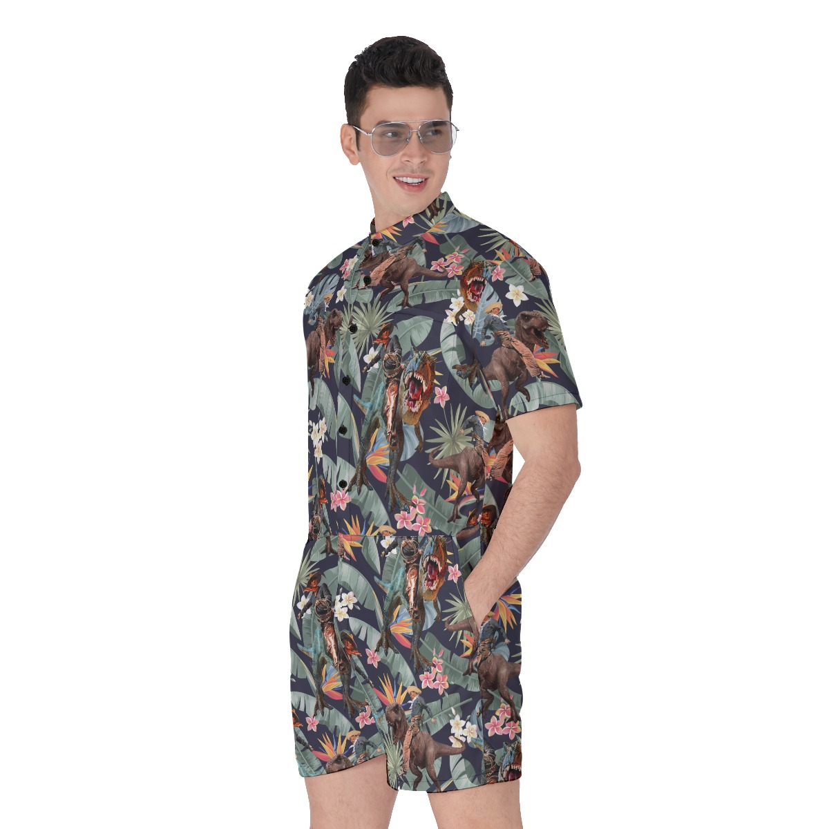 Funny Dinosaur Cowboy Tropical Hawaiian Romper For Men