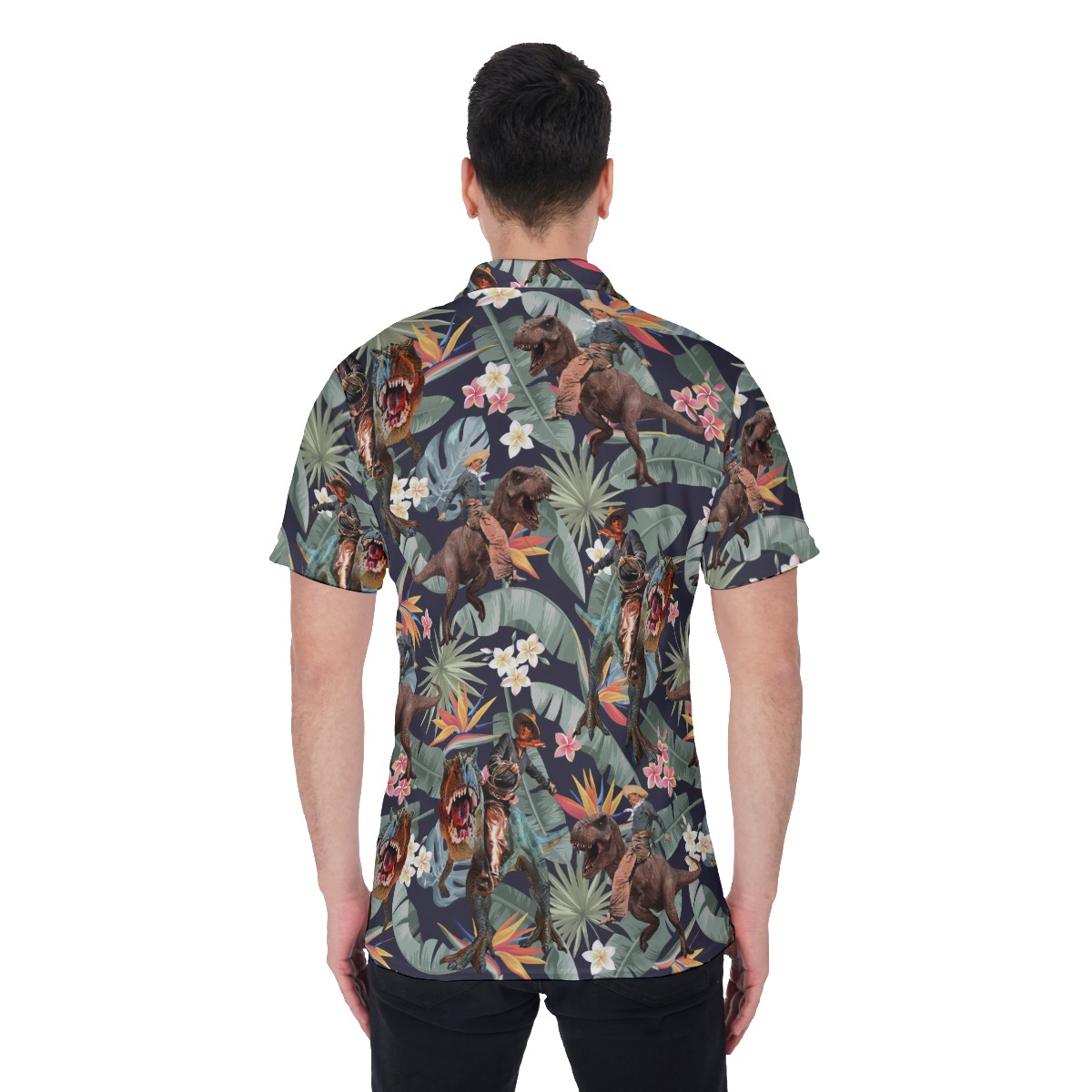Funny Cowboy Riding Dinosaur Tropical Hawaiian Polo Shirt For Men