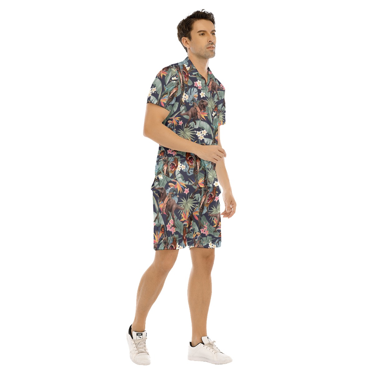 Set Dinosaur Cowboy Tropical Hawaiian Shirt And Shorts For Men