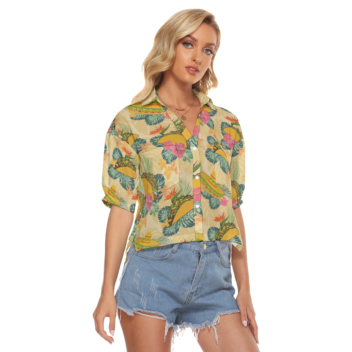 Yellow Taco Hibiscus Hawaiian Crop Top Shirt For Women