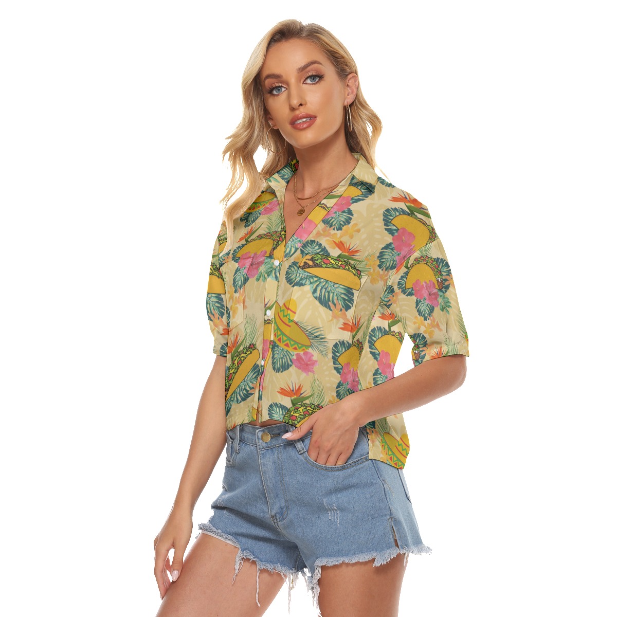 Yellow Taco Hibiscus Hawaiian Crop Top Shirt For Women