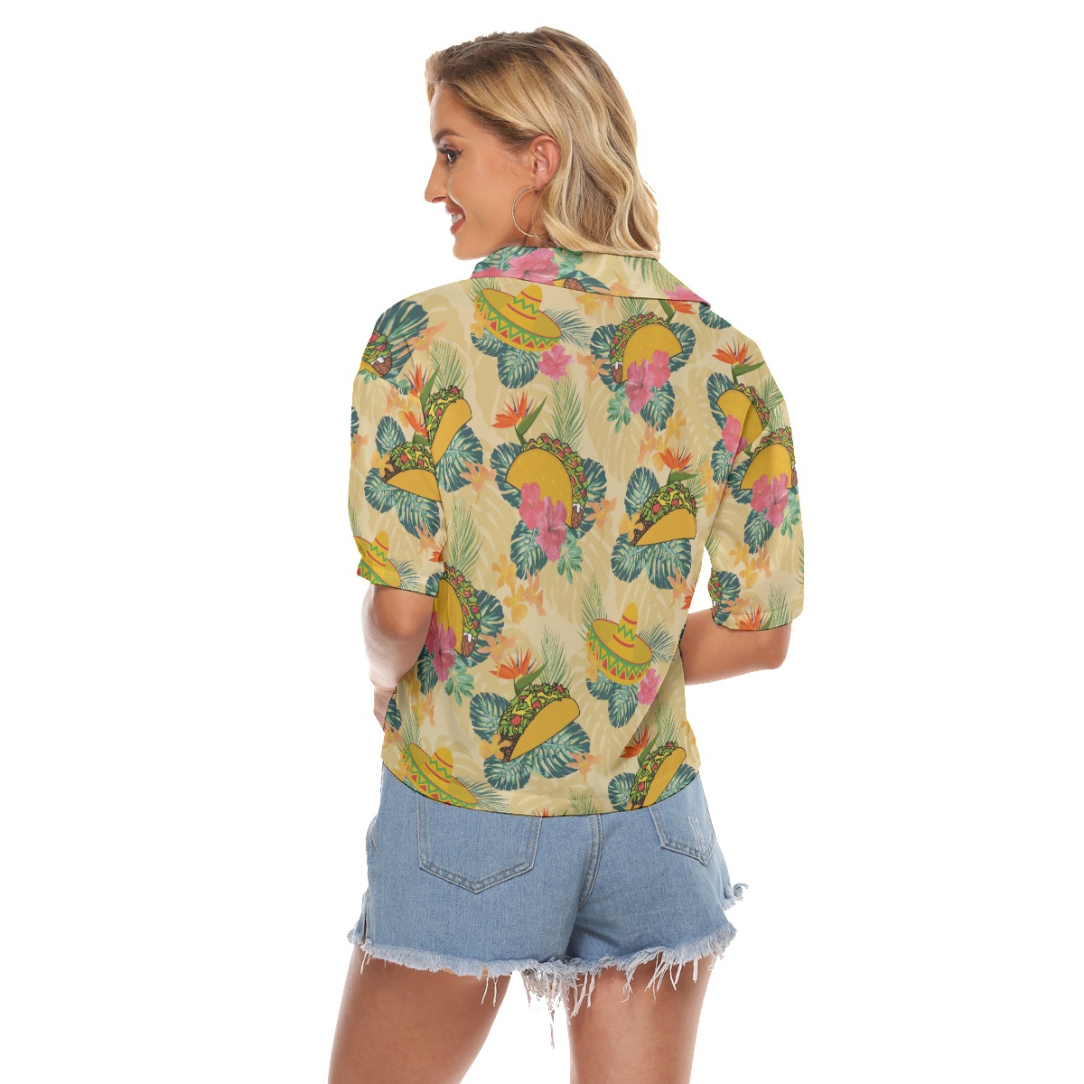 Yellow Taco Hibiscus Hawaiian Crop Top Shirt For Women