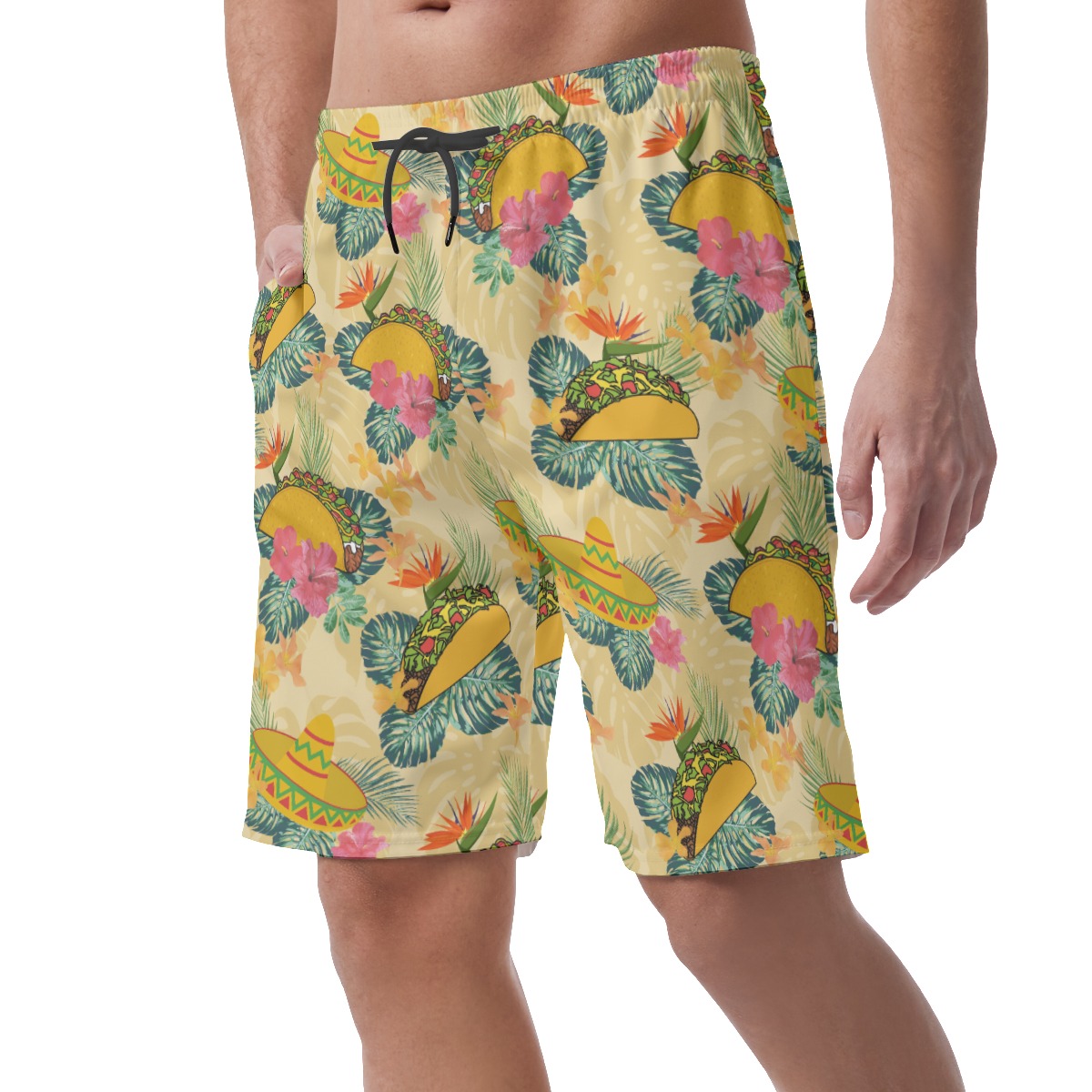 Yellow Taco Hibiscus Hawaiian Beach Shorts For Men