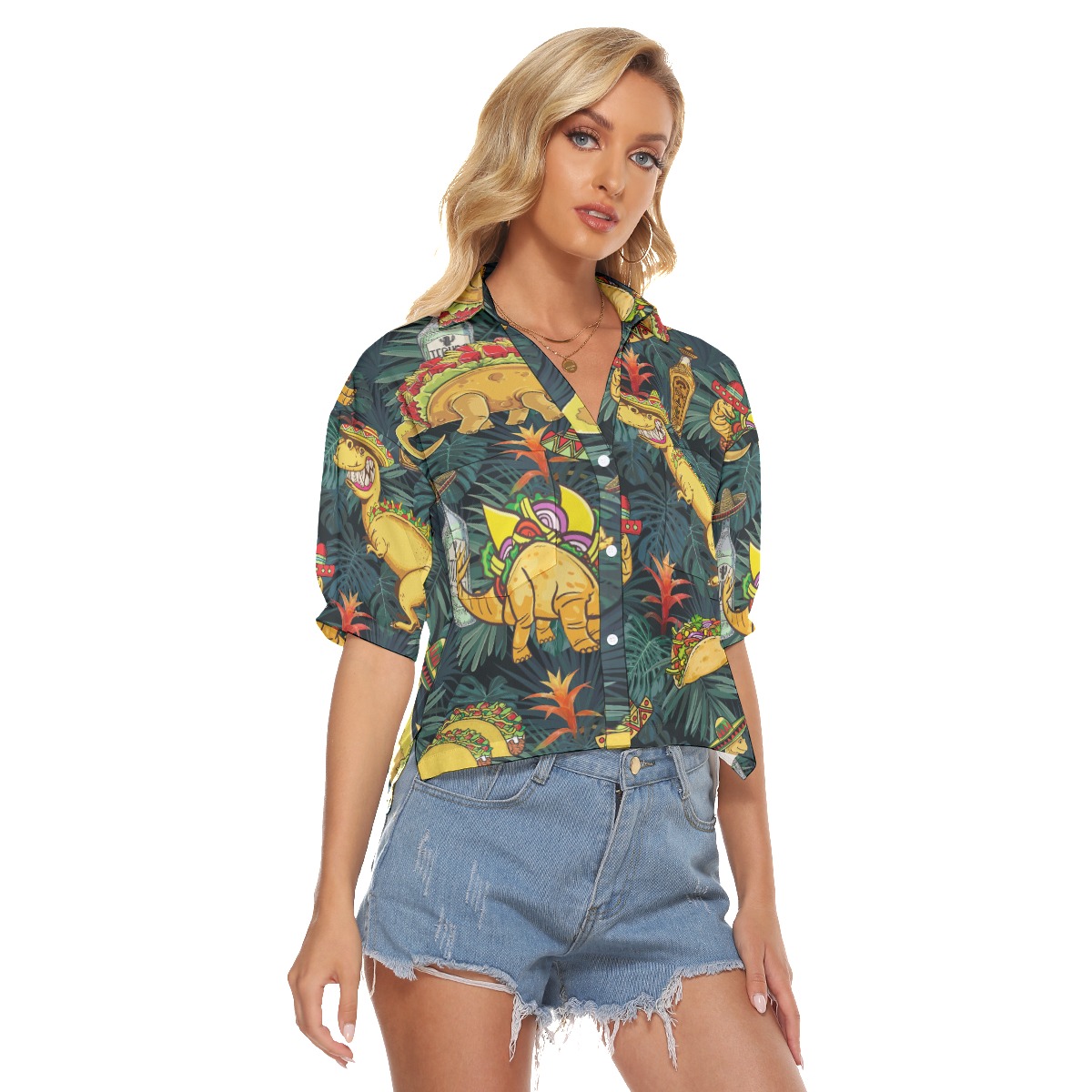 Funny Taco Dinosaur Tropical Aloha Crop Top Shirt For Women