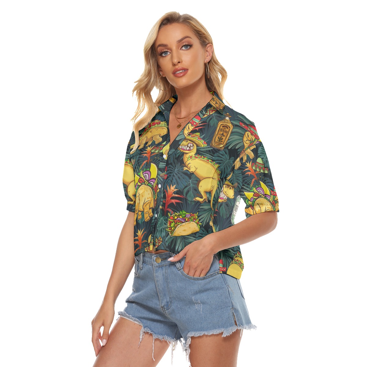 Funny Taco Dinosaur Tropical Aloha Crop Top Shirt For Women