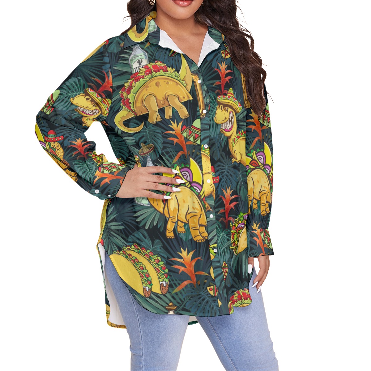 Tropical Dinosaur Taco Hawaiian Blouse Shirt For Women