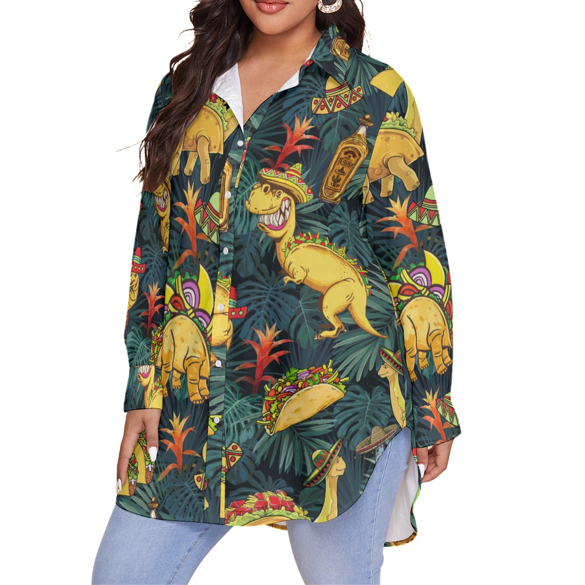 Tropical Dinosaur Taco Hawaiian Blouse Shirt For Women