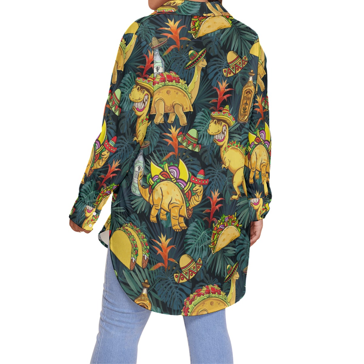 Tropical Dinosaur Taco Hawaiian Blouse Shirt For Women