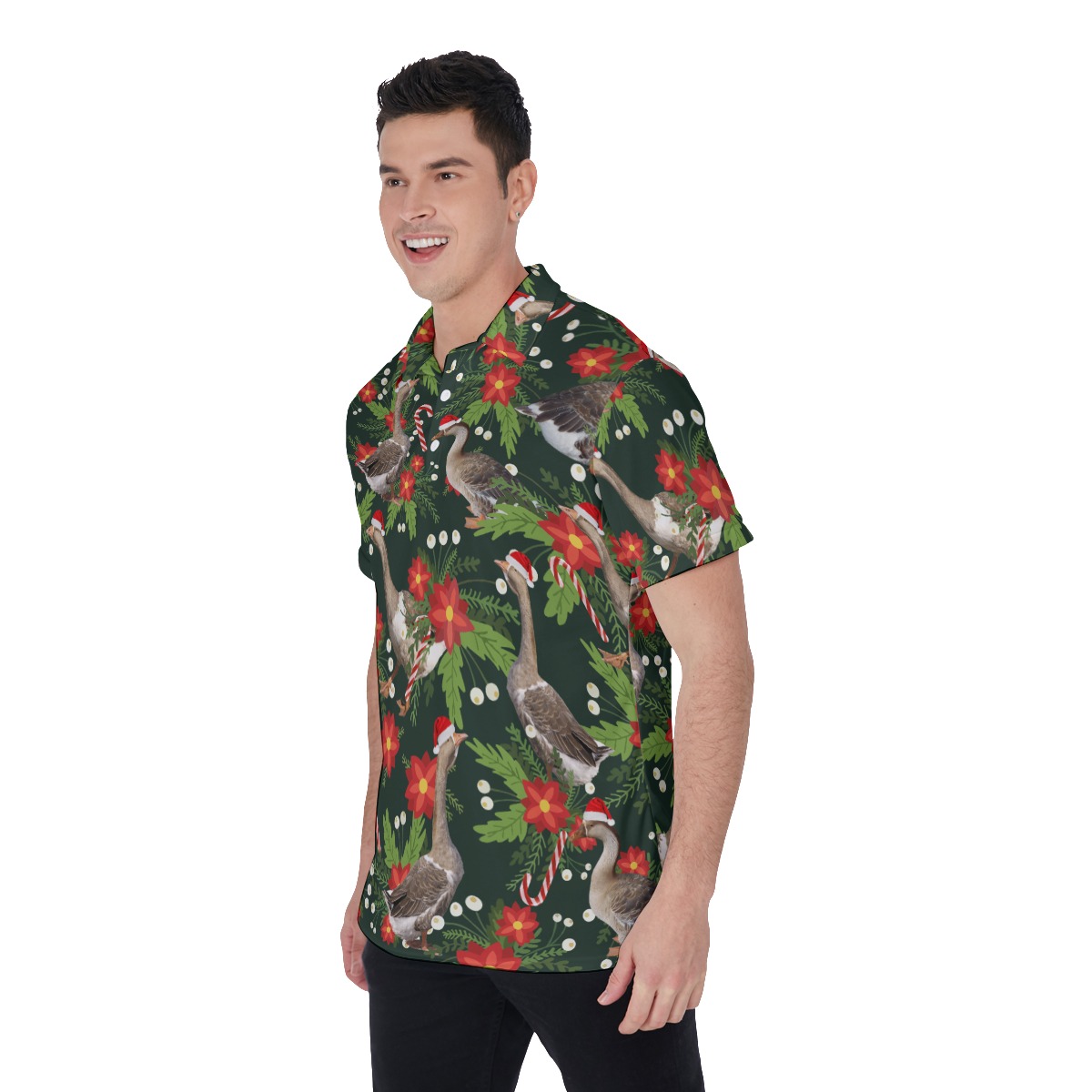 Funny Christmas Goose Floral Hawaiian Polo Shirt For Men