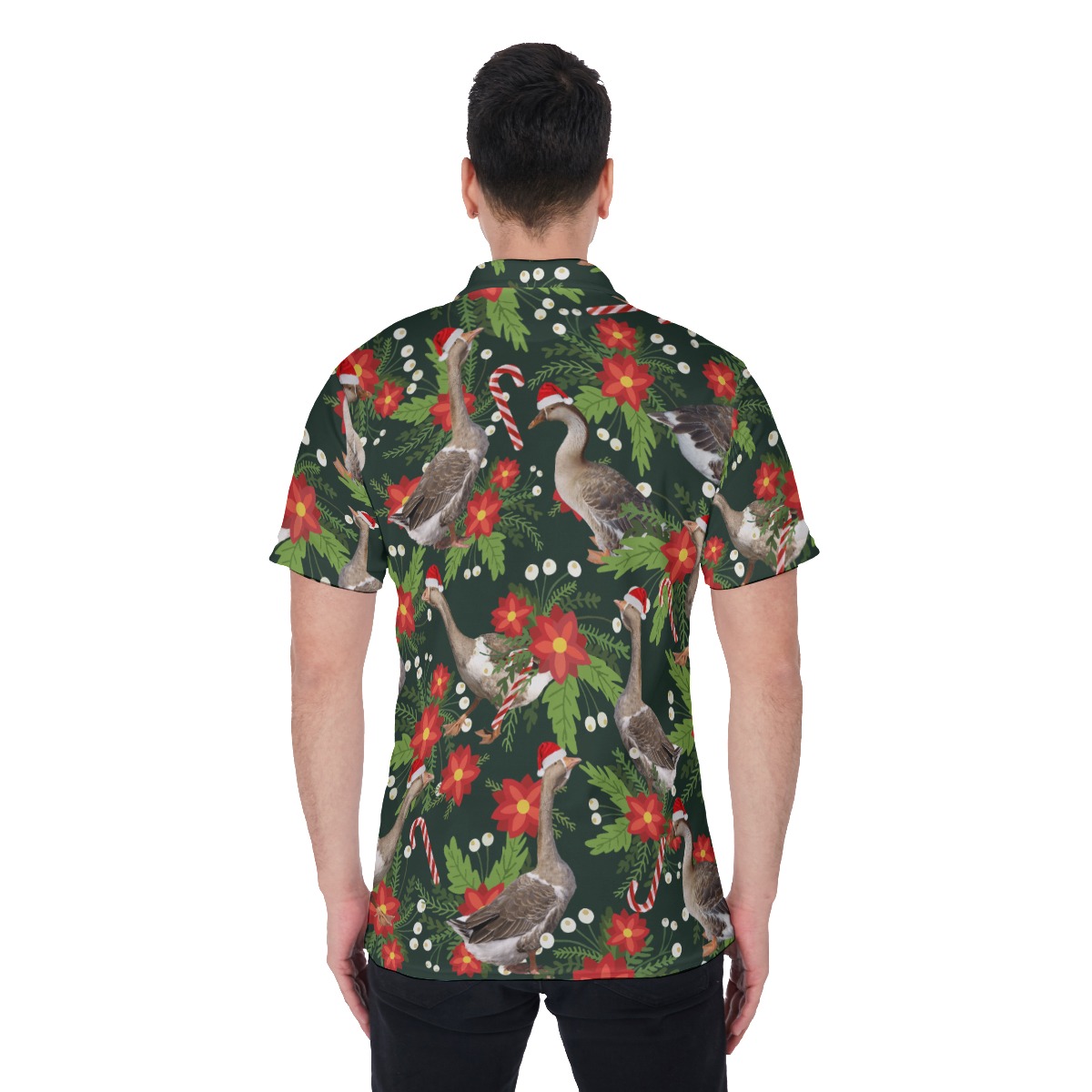 Funny Christmas Goose Floral Hawaiian Polo Shirt For Men