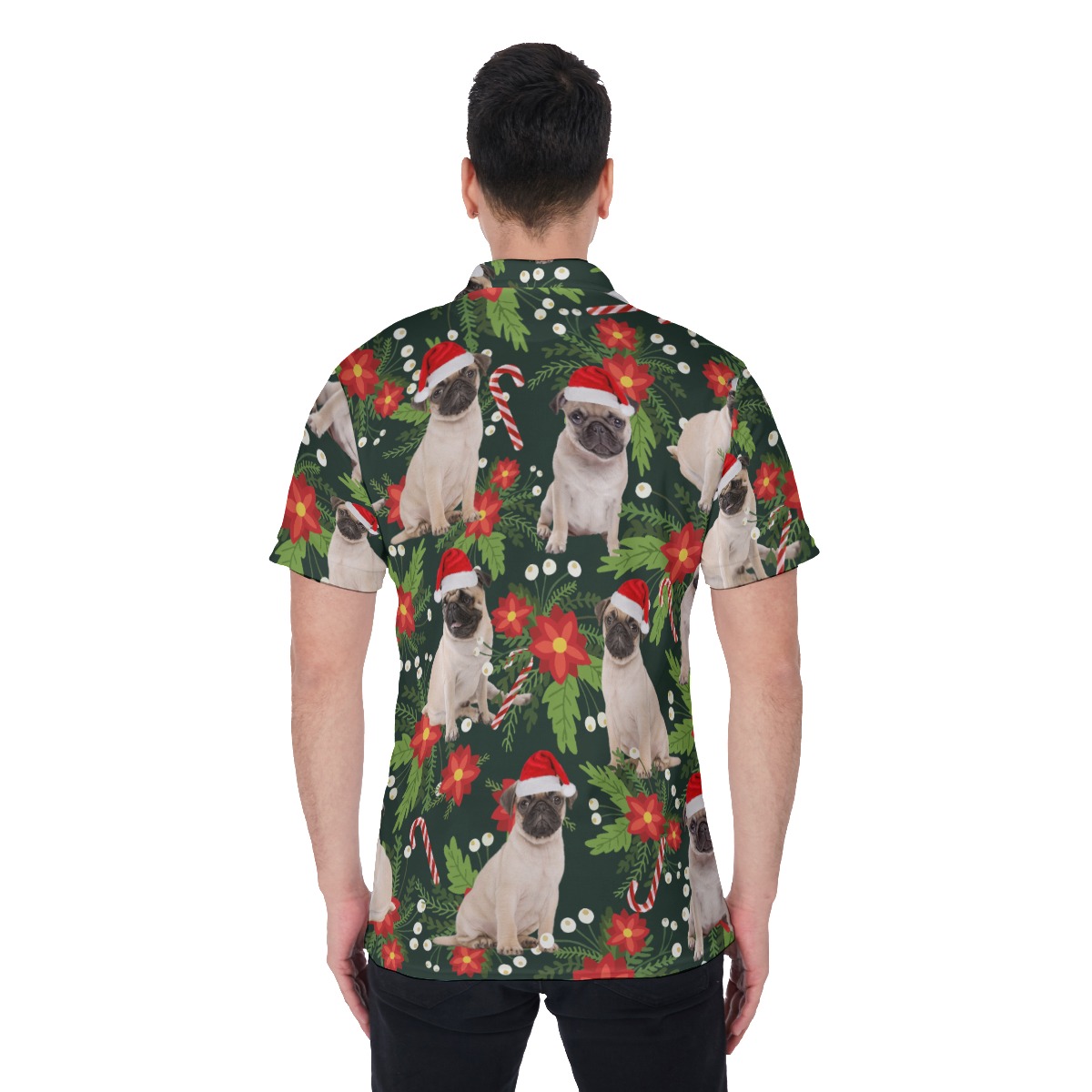 Funny Pug With Christmas Hat Floral Hawaiian Polo Shirt