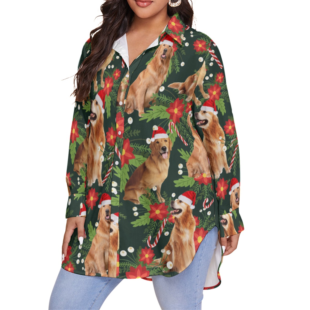 Funny Dog With Christmas Hat Plus Size Hawaiian Shirt For Women