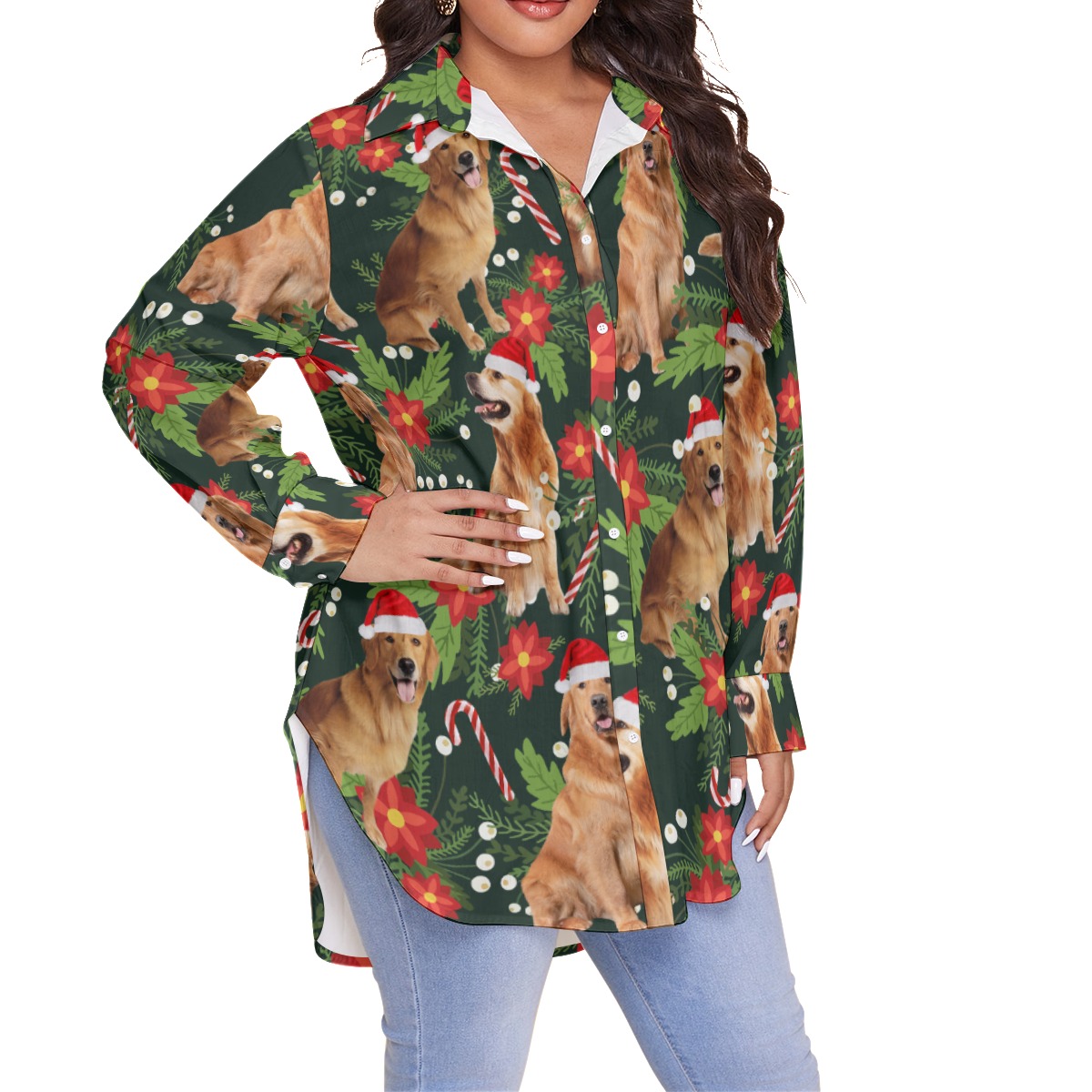 Funny Dog With Christmas Hat Plus Size Hawaiian Shirt For Women