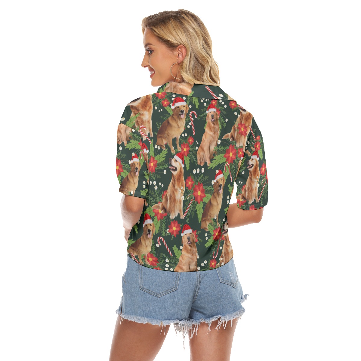 Funny Christmas Dog Poinsettia Green Hawaiian Cropped Shirt