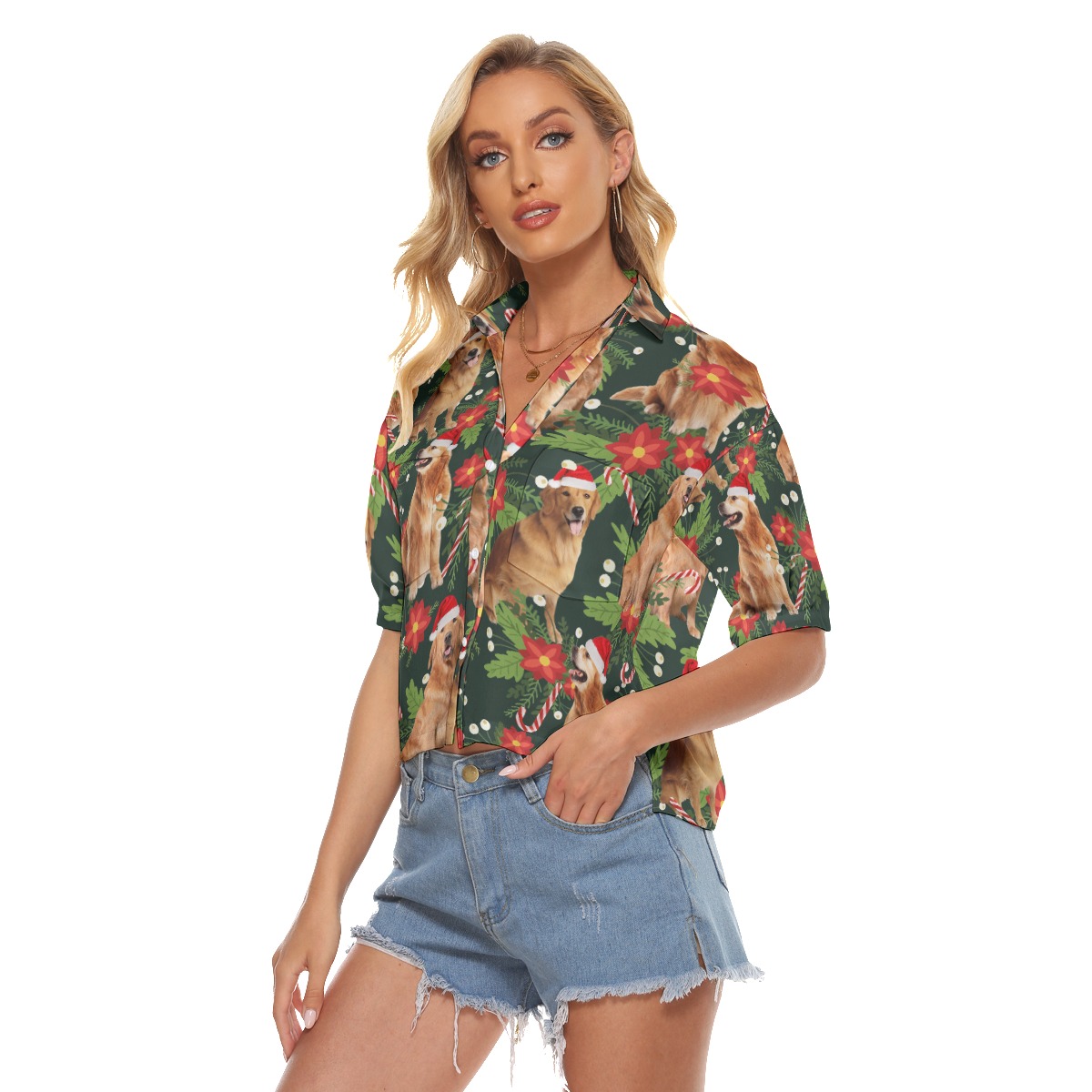 Funny Christmas Dog Poinsettia Green Hawaiian Cropped Shirt