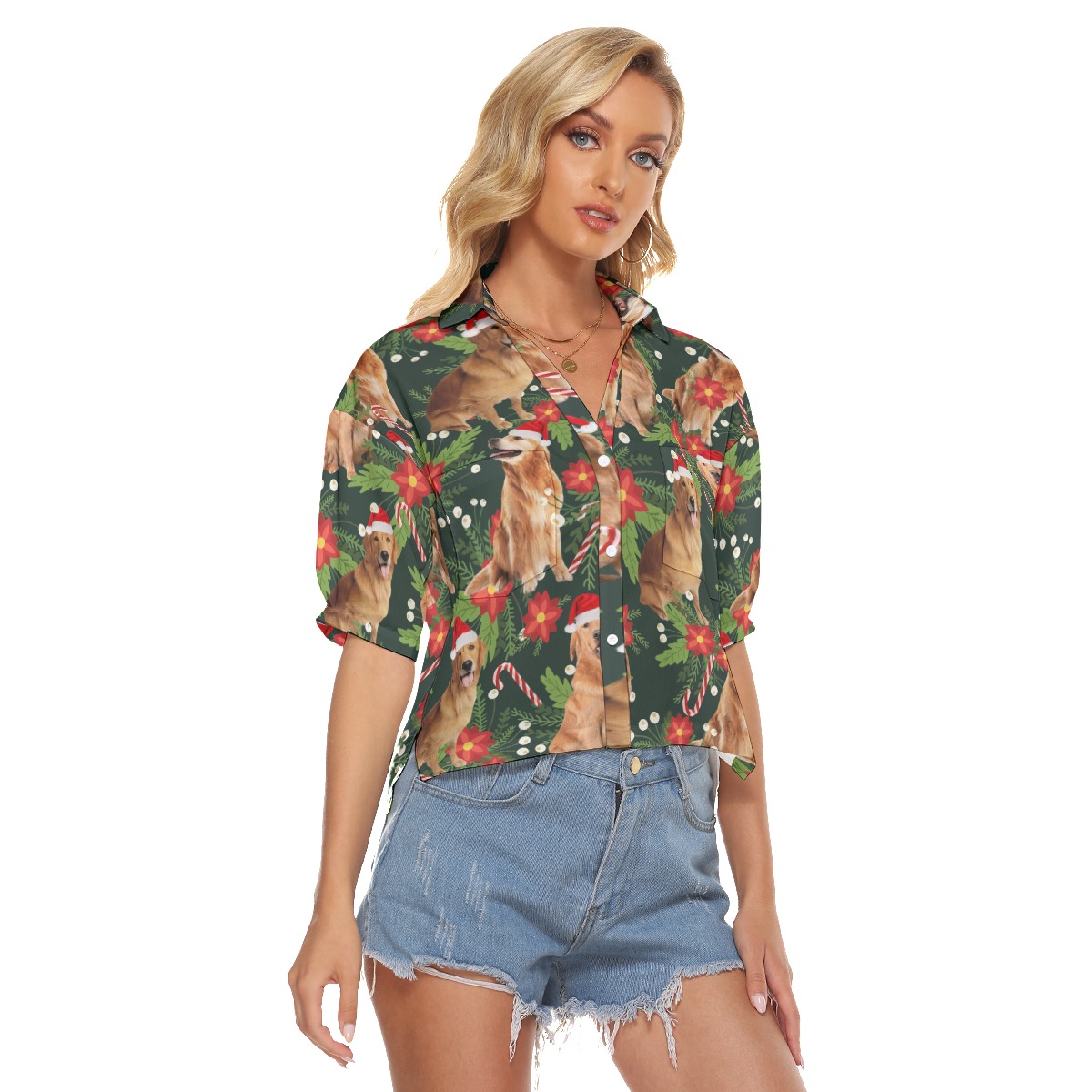 Funny Christmas Dog Poinsettia Green Hawaiian Cropped Shirt
