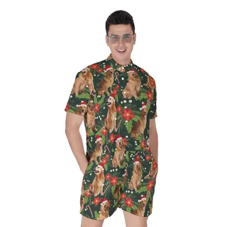Funny Golden Retrieve With Christmas Hat Tropical Hawaiian Romper