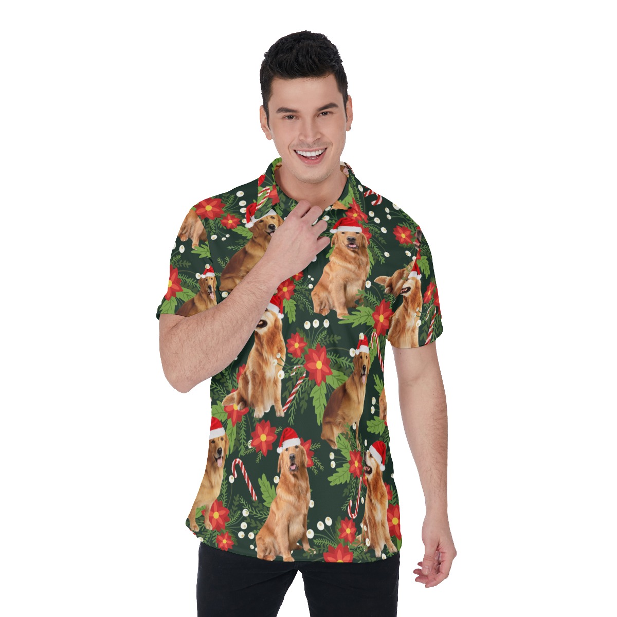 Funny Dog With Christmas Hat Tropical Hawaiian Polo Shirt For Men - variant image 1