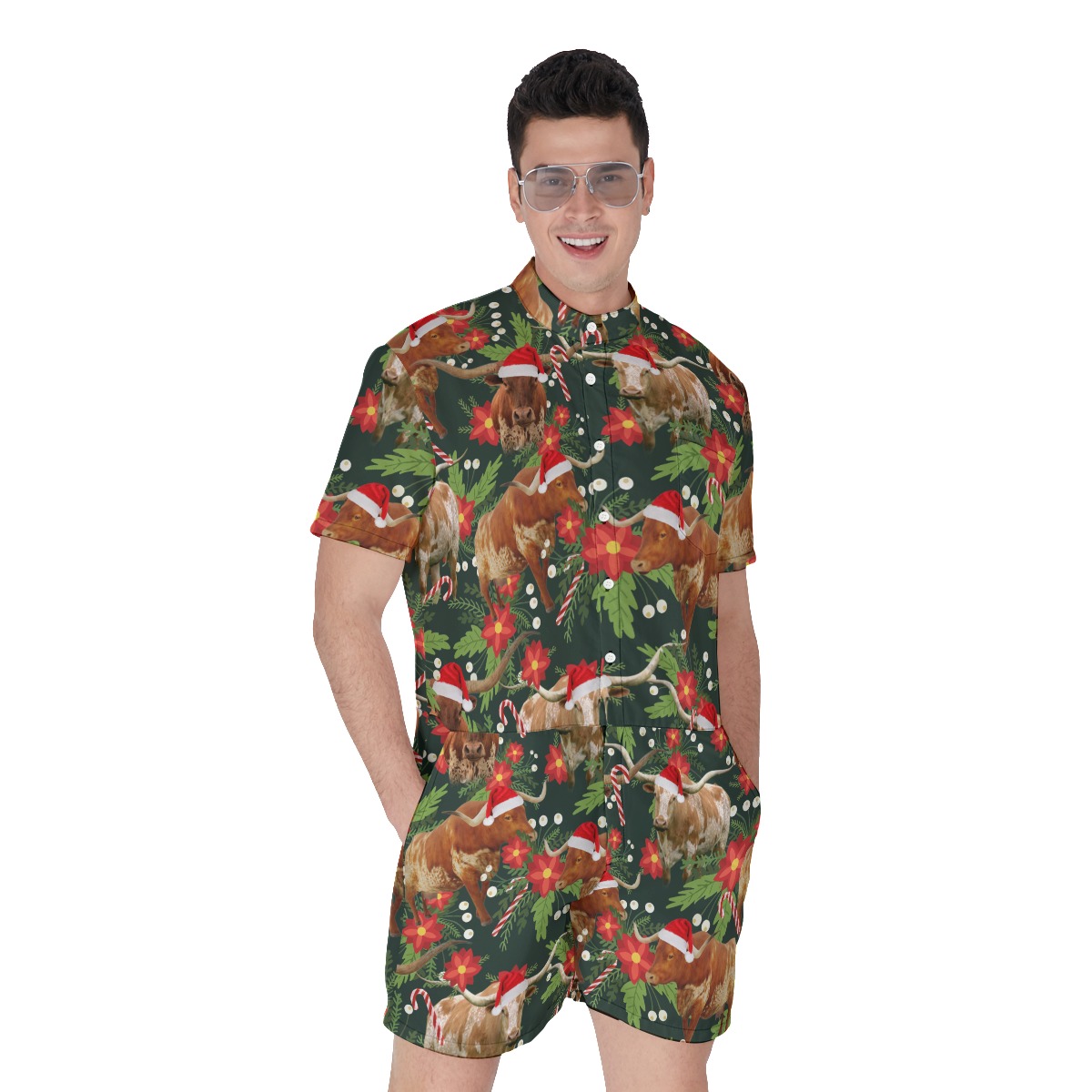Funny Cow With Christmas Hat Men's Hawaiian Romper - variant image 1