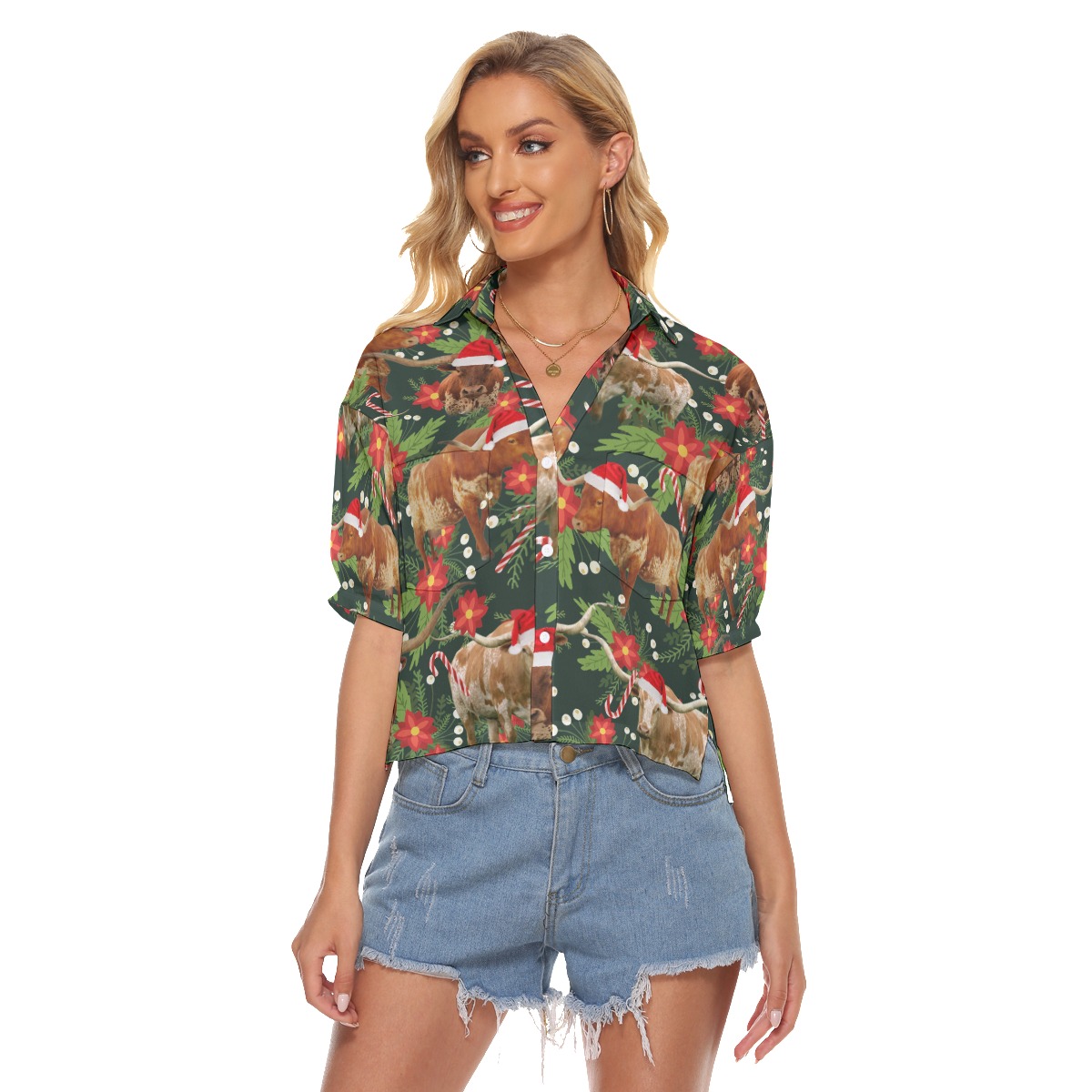 Tropical Cow Christmas Hawaiian Crop Top Shirt For Women - variant image 1
