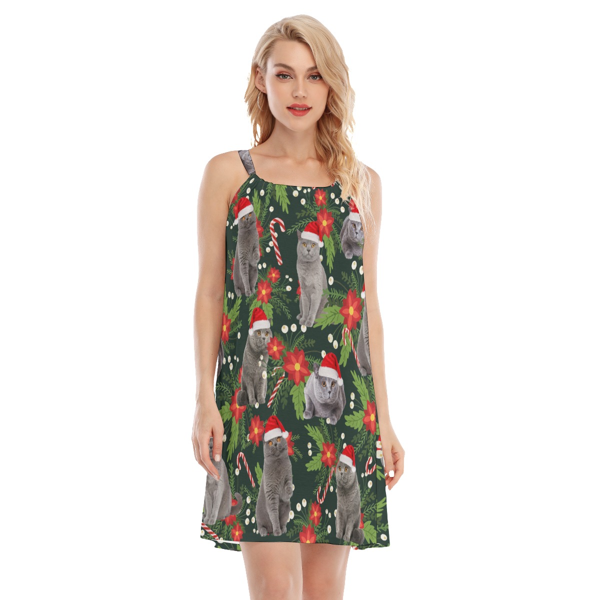 Tropical Christmas Cat Hawaiian Cami Dress For Women - variant image 1
