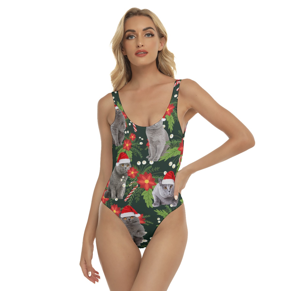 Funny Cat With Christmas Hat Tropical Hawaiian Swimsuit For Women - variant image 1