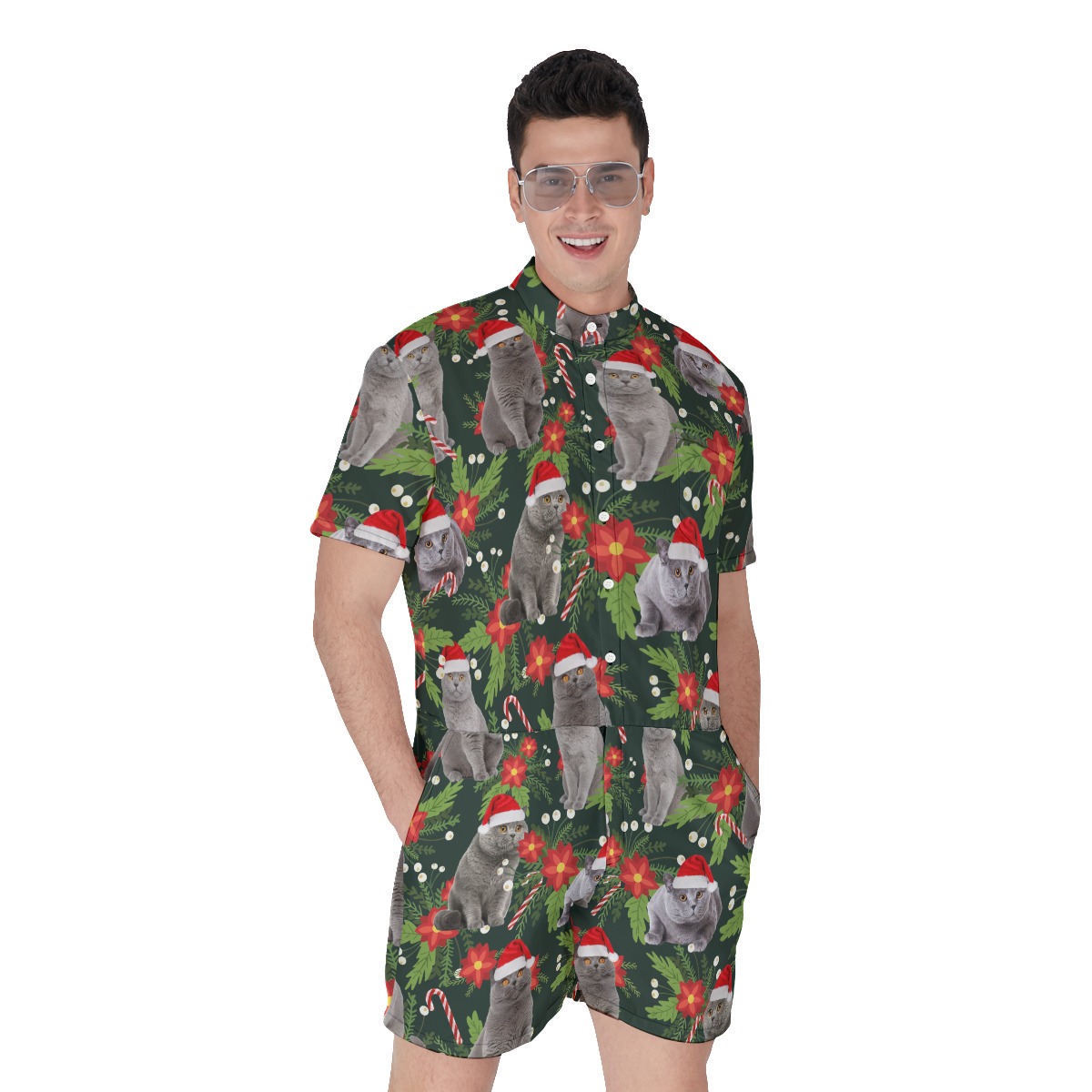 Funny Christmas Cat Men's Hawaiian Romper - variant image 1