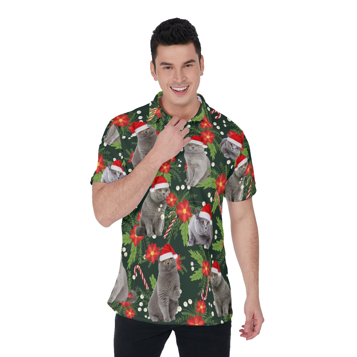 Funny Christmas Cat Hawaiian Christmas Polo Shirt - variant image 1