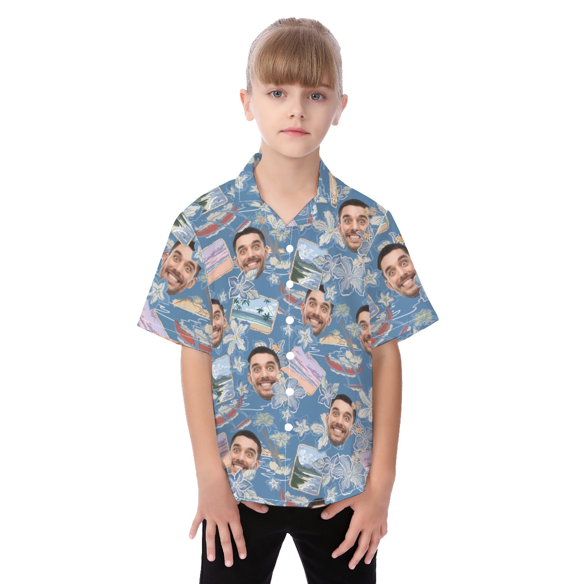 Upload Photos Face Hawaiian Shirt For Kids Blue - variant image 1