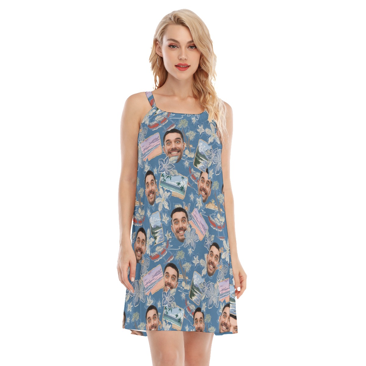 Blue Custom Multiple Faces Hawaiian Cami Dress For Women - variant image 1