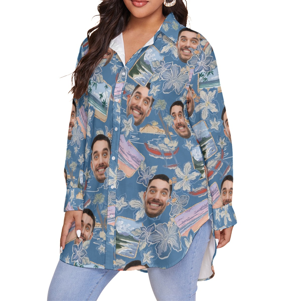 Blue Custom Your Face Women's Plus Size Hawaiian Shirt - variant image 1