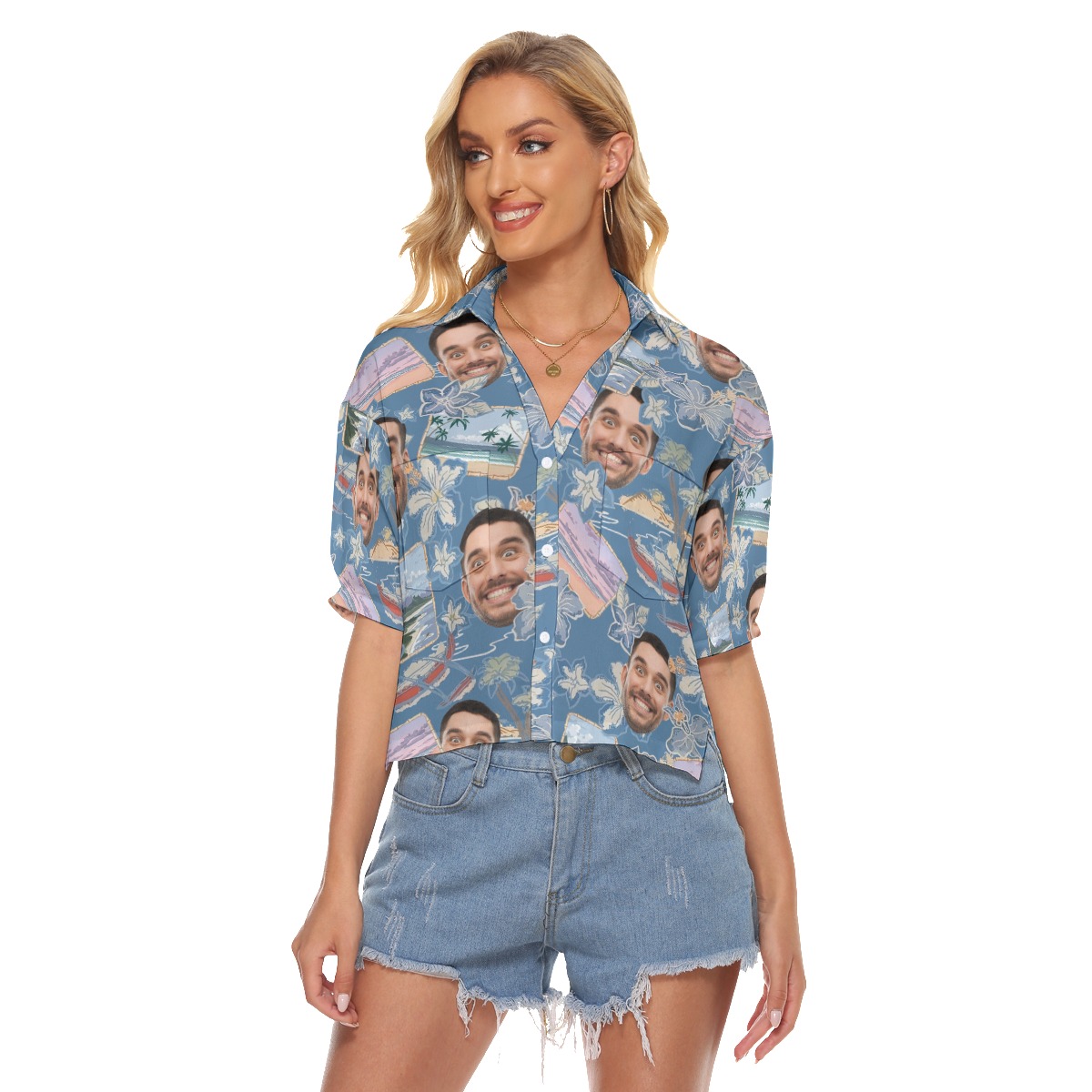 Upload Face Photo Hawaiian Cropped Shirt For Men - variant image 1