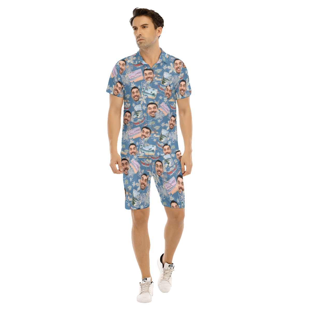Blue Custom Your Face Hawaiian Shirt And Shorts Set For men - variant image 1