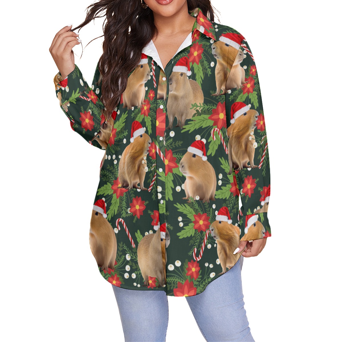 Funny Christmas Capybara Hawaiian Plus Size Shirt For Women - variant image 1