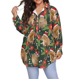 Funny Christmas Capybara Hawaiian Plus Size Shirt For Women