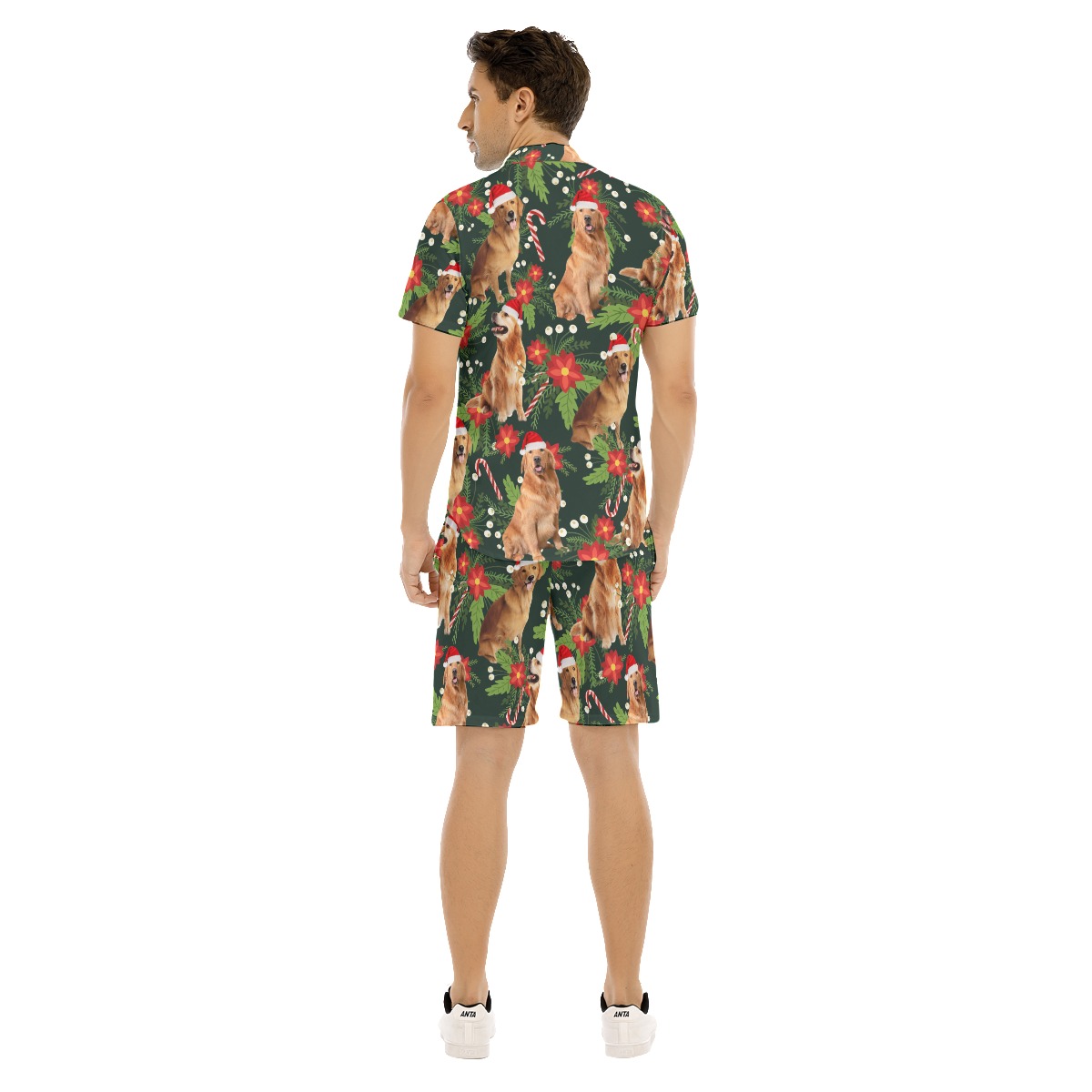Set Christmas Golden Retrieve Floral Hawaiian Shirt And Matching Shorts
