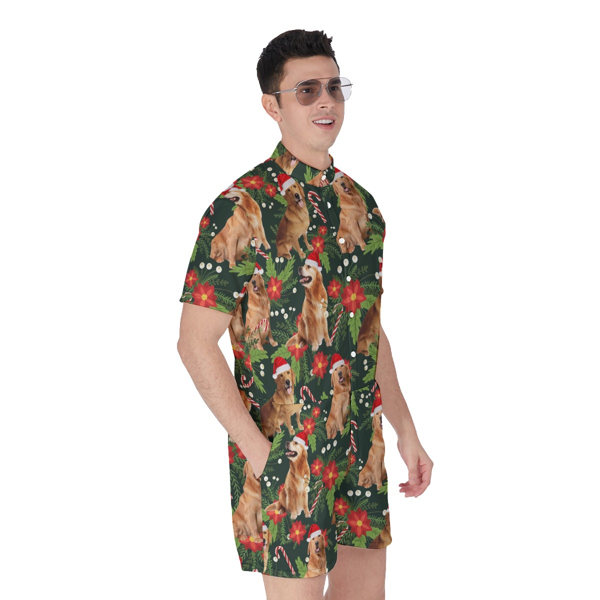 Funny Golden Retrieve With Christmas Hat Tropical Hawaiian Romper